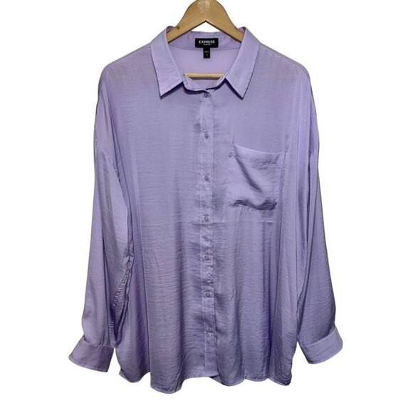 Express Lilac Satin Boyfrined Oversized Button Down Shirt, XL - Picture 2 of 7